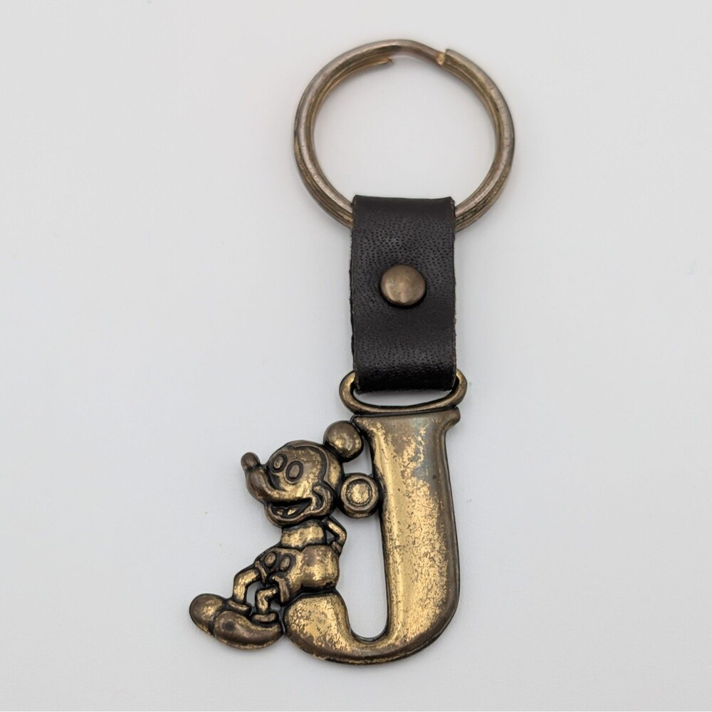Disney Retro Mickey Mouse Monogram Keychain Brass Initial Letter J Leather Strap